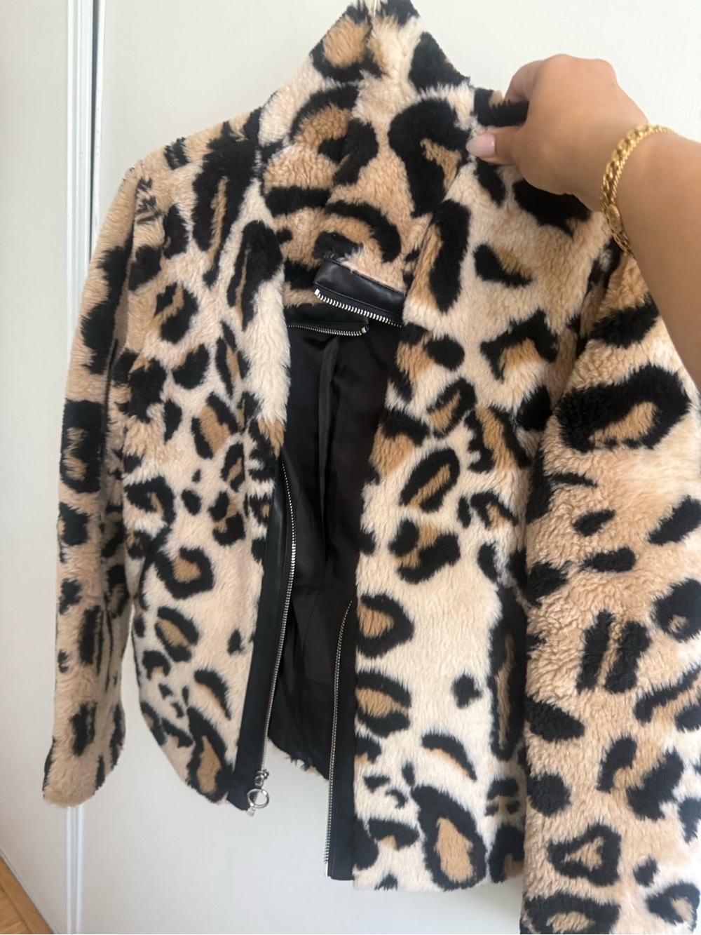 Express Leopard Print Teddy Jacket - Black & Tan
